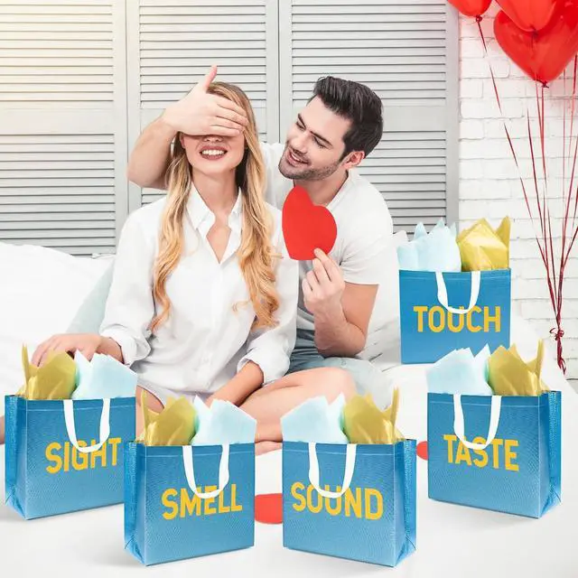 Alt view image 6 of 6 - H1vojoxo 5 Senses Gift Bags - 5PCS Non Woven Laser Large Capacity Gift Handbags with Blue and Gold Tissue Papers for Men, Women, Him Her Birthday, Anniversary, Wedding, Graduation, Valentine's Day