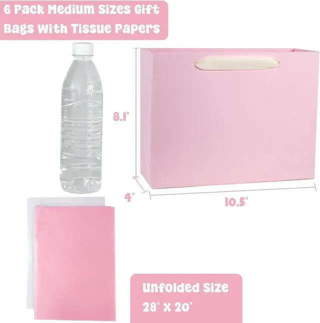 Alt view image 2 of 6 - Padiaet 6 Pack Medium 10.5"x4"x8.1" Pink Gift Bags with Tissue Papers, Kraft Shopping Bags with Ribbon Handles, Retail Wrapping Set for All Occasions