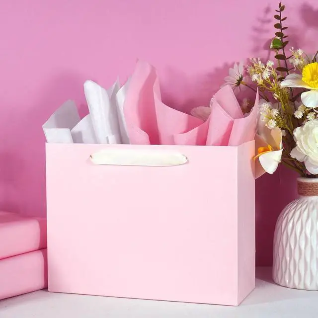Alt view image 3 of 6 - Padiaet 6 Pack Medium 10.5"x4"x8.1" Pink Gift Bags with Tissue Papers, Kraft Shopping Bags with Ribbon Handles, Retail Wrapping Set for All Occasions