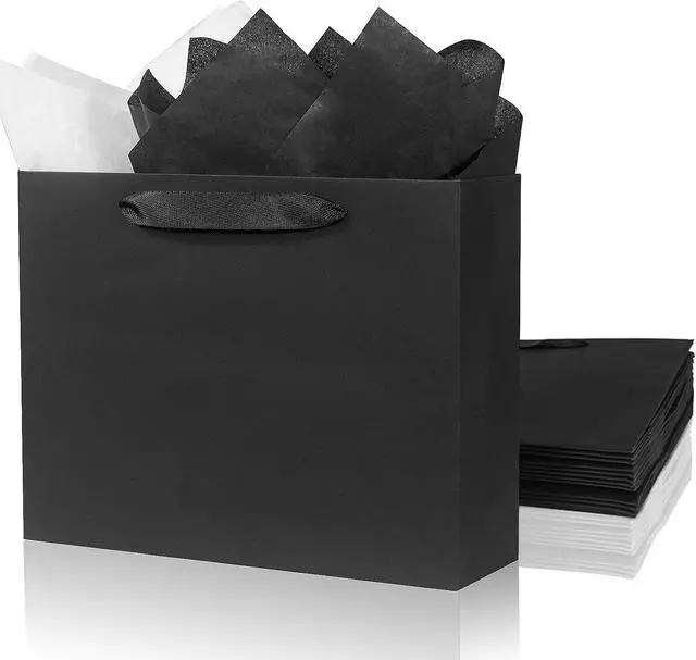 Main image of 6 Pack Medium 10.5"x4"x8.1" Black Gift Bags with Tissue Papers, Kraft Shopping Bags with Ribbon Handles, Retail Wrapping Set for All Occasions