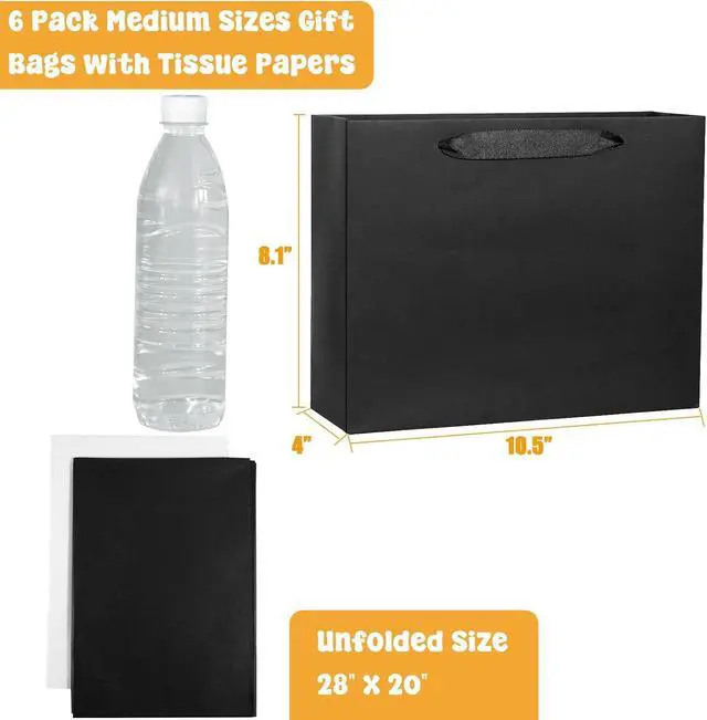 Alt view image 2 of 6 - 6 Pack Medium 10.5"x4"x8.1" Black Gift Bags with Tissue Papers, Kraft Shopping Bags with Ribbon Handles, Retail Wrapping Set for All Occasions