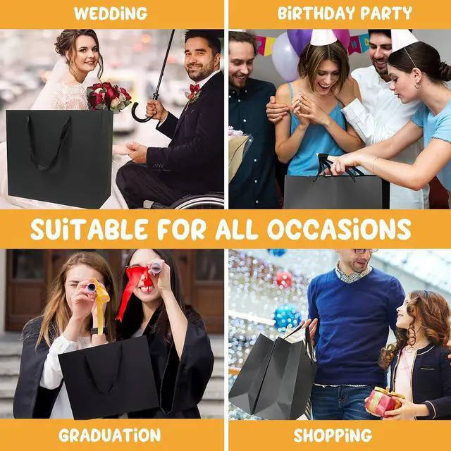 Alt view image 5 of 6 - 6 Pack Medium 10.5"x4"x8.1" Black Gift Bags with Tissue Papers, Kraft Shopping Bags with Ribbon Handles, Retail Wrapping Set for All Occasions