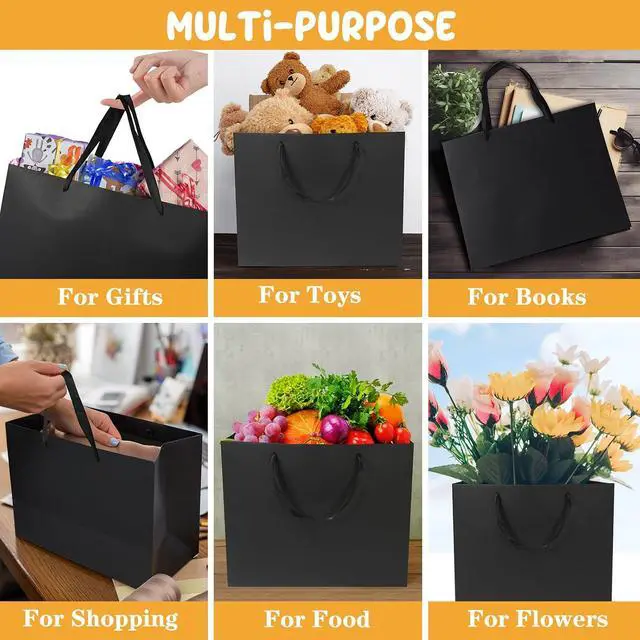 Alt view image 6 of 6 - 6 Pack Medium 10.5"x4"x8.1" Black Gift Bags with Tissue Papers, Kraft Shopping Bags with Ribbon Handles, Retail Wrapping Set for All Occasions