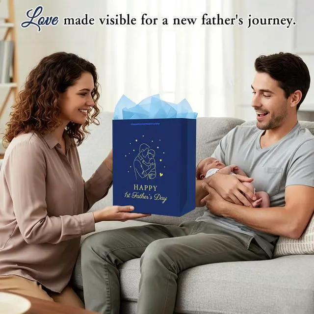 Alt view image 3 of 7 - FaCraft First Fathers Day Gift Bag - Happy 1st Fathers Day Gift Bag with Tissue Paper and Handle 11.5" Navy Blue Gift Bags for First Time Dad Daddy to Be New Dad Husbands from Wife Baby Shower Favors