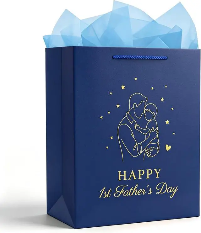 Main image of FaCraft First Fathers Day Gift Bag - Happy 1st Fathers Day Gift Bag with Tissue Paper and Handle 11.5" Navy Blue Gift Bags for First Time Dad Daddy to Be New Dad Husbands from Wife Baby Shower Favors