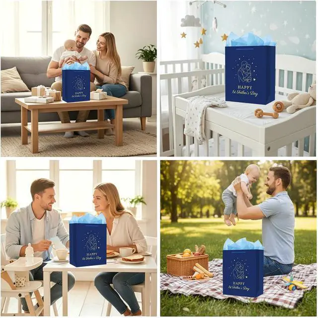 Alt view image 6 of 7 - FaCraft First Fathers Day Gift Bag - Happy 1st Fathers Day Gift Bag with Tissue Paper and Handle 11.5" Navy Blue Gift Bags for First Time Dad Daddy to Be New Dad Husbands from Wife Baby Shower Favors