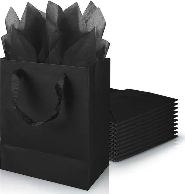 Main image of KEEPARTY 9 inch Black Gift Bags with Ribbon Handles Kraft Paper Shopping Bags with Tissue Paper for Party Business Wedding Birthday Graduation Fathers Day (Black 9 Inches,)