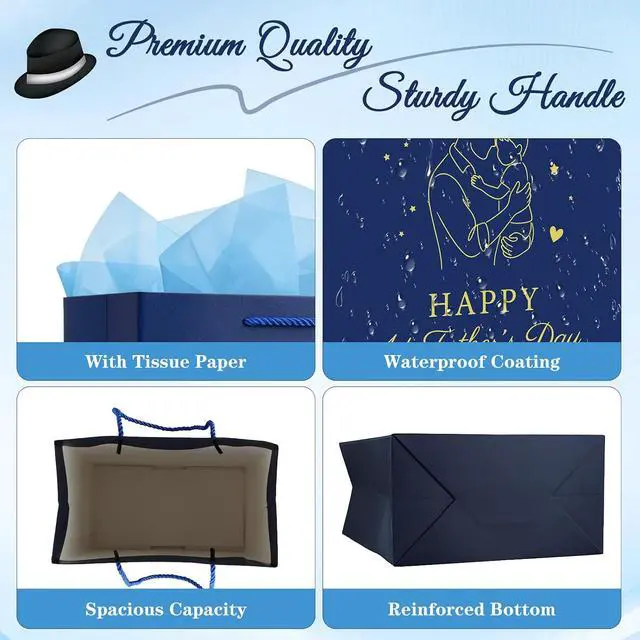 Alt view image 5 of 7 - FaCraft First Fathers Day Gift Bag - Happy 1st Fathers Day Gift Bag with Tissue Paper and Handle 11.5" Navy Blue Gift Bags for First Time Dad Daddy to Be New Dad Husbands from Wife Baby Shower Favors