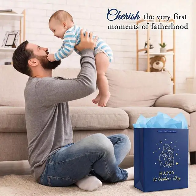 Alt view image 2 of 7 - FaCraft First Fathers Day Gift Bag - Happy 1st Fathers Day Gift Bag with Tissue Paper and Handle 11.5" Navy Blue Gift Bags for First Time Dad Daddy to Be New Dad Husbands from Wife Baby Shower Favors