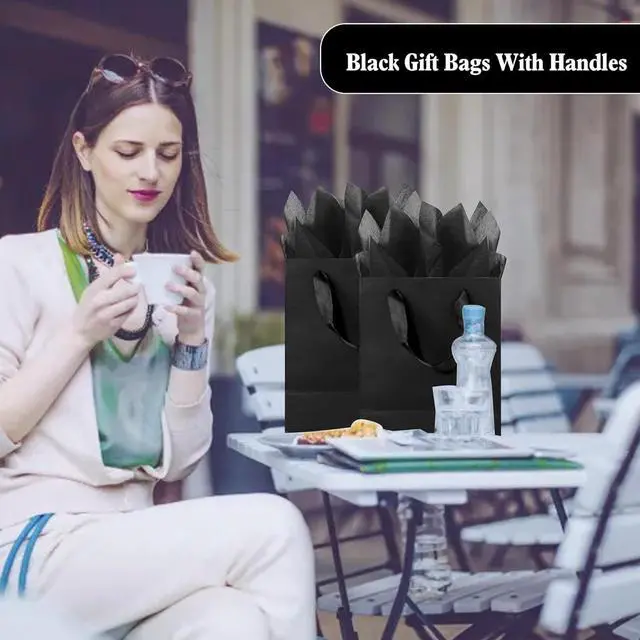 Alt view image 3 of 7 - KEEPARTY 9 inch Black Gift Bags with Ribbon Handles Kraft Paper Shopping Bags with Tissue Paper for Party Business Wedding Birthday Graduation Fathers Day (Black 9 Inches,)