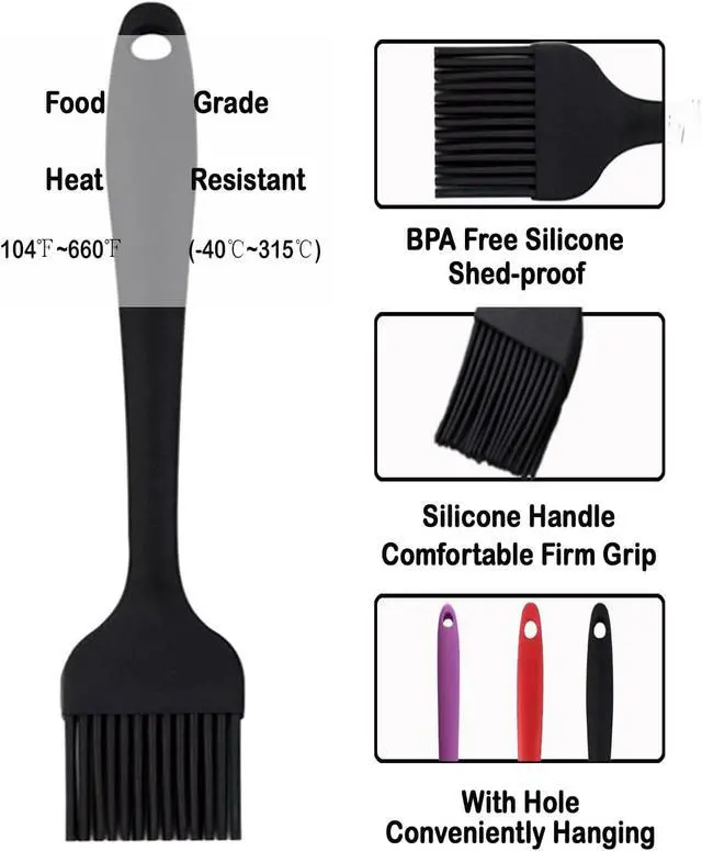 Alt view image 3 of 6 - Pastry Brush For Baking,Silicone Basting Brush For Cooking,315°C Heat Resistant Food Brush for Oil & Sauce,Non-Shedding for Kitchen Butter Bread Meat Egg Wash Cake Baster(3pc Red Black Purple)