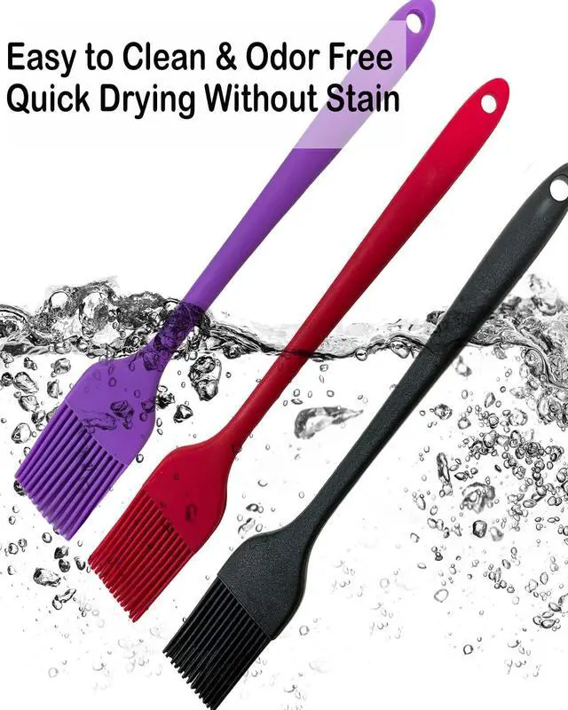 Alt view image 4 of 6 - Pastry Brush For Baking,Silicone Basting Brush For Cooking,315°C Heat Resistant Food Brush for Oil & Sauce,Non-Shedding for Kitchen Butter Bread Meat Egg Wash Cake Baster(3pc Red Black Purple)