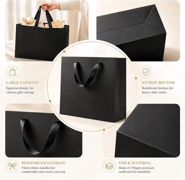 Alt view image 2 of 7 - Offizon 6 Pcs Black Gift Bags, 8.7x3.9x7.1inch Paper Bag with Black Tissue Paper, Small 5-Sense Party Favor Bags (22x10x18cm)