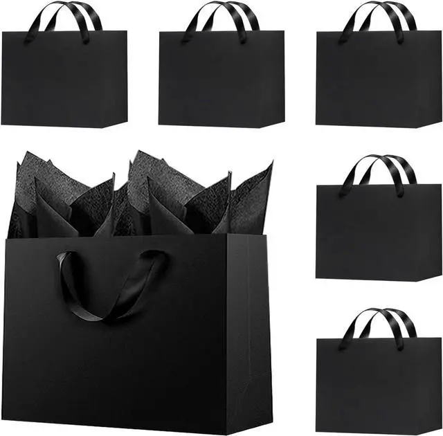 Main image of Offizon 6 Pcs Black Gift Bags, 8.7x3.9x7.1inch Paper Bag with Black Tissue Paper, Small 5-Sense Party Favor Bags (22x10x18cm)