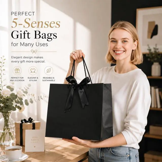 Alt view image 5 of 7 - Offizon 6 Pcs Black Gift Bags, 8.7x3.9x7.1inch Paper Bag with Black Tissue Paper, Small 5-Sense Party Favor Bags (22x10x18cm)