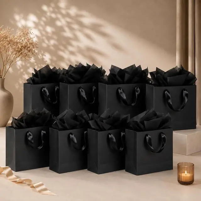 Alt view image 6 of 7 - Offizon 6 Pcs Black Gift Bags, 8.7x3.9x7.1inch Paper Bag with Black Tissue Paper, Small 5-Sense Party Favor Bags (22x10x18cm)