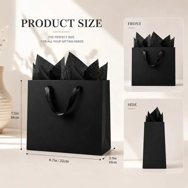 Alt view image 3 of 7 - Offizon 6 Pcs Black Gift Bags, 8.7x3.9x7.1inch Paper Bag with Black Tissue Paper, Small 5-Sense Party Favor Bags (22x10x18cm)