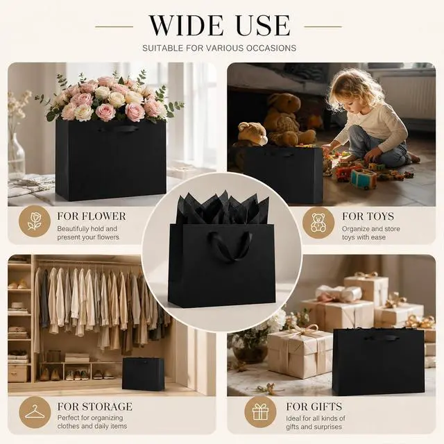 Alt view image 4 of 7 - Offizon 6 Pcs Black Gift Bags, 8.7x3.9x7.1inch Paper Bag with Black Tissue Paper, Small 5-Sense Party Favor Bags (22x10x18cm)