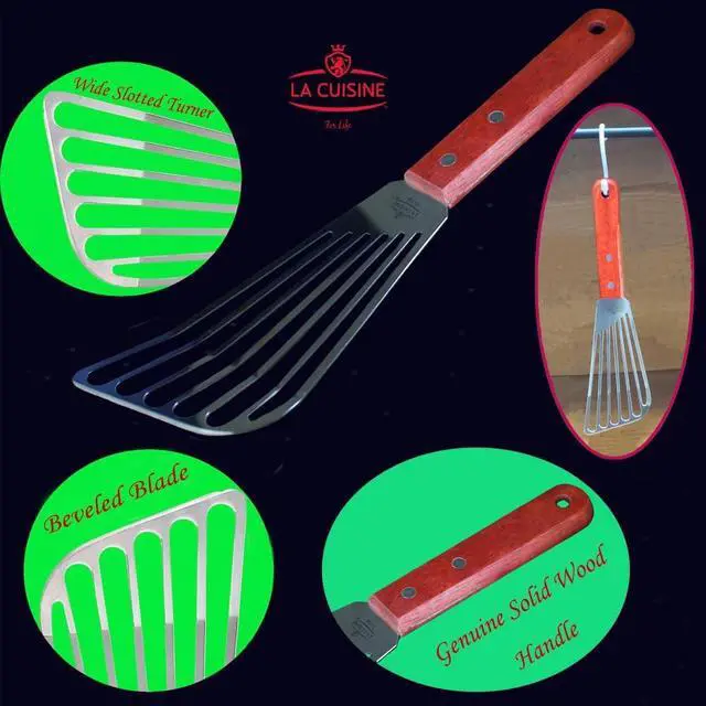 Alt view image 2 of 7 - La Cuisine Extra Flexible Stainless Steel Fish Slotted Spatula Turner with Beveled Edge Wood handle, 6.5" Blade, 11" Length for Flipping Fish, Eggs, Pancakes, Patties & Fries