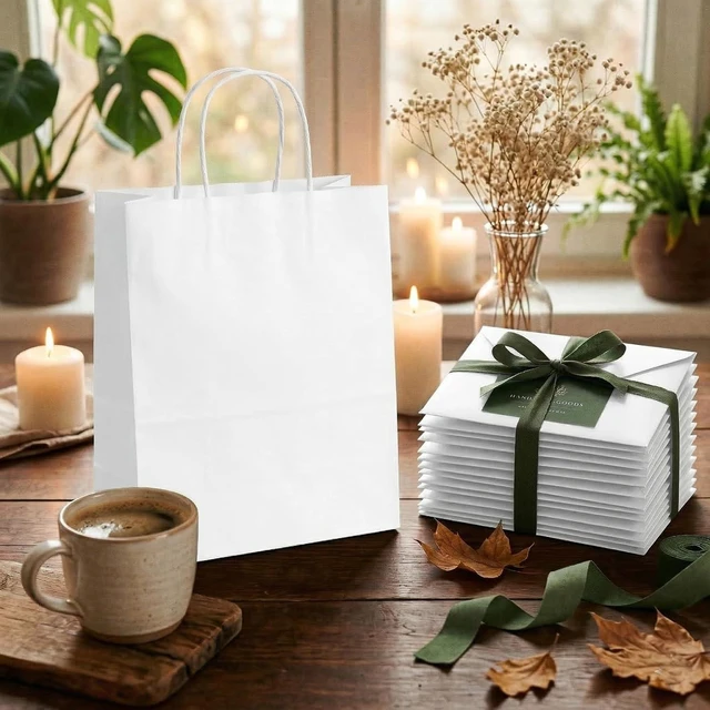 Alt view image 4 of 7 - DEWJDFSC 25Pcs White Paper Gift Bags with Handles Bulk Medium 8.3x4.3x10.5 Inch White Kraft Paper Bags for Gifts, Festival, Shopping, Retail, Party