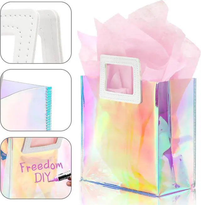 Alt view image 5 of 7 - KeerxunBag 1 Pack Holographic Gift Bags with Handles & 2 Tissue Paper Sheets Iridescent Transparent Reusable Bags for Women, Girls, Birthdays, WeddingsPink Gift Bag