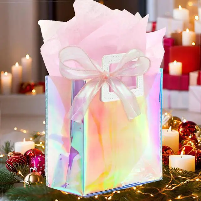 Alt view image 4 of 7 - KeerxunBag 1 Pack Holographic Gift Bags with Handles & 2 Tissue Paper Sheets Iridescent Transparent Reusable Bags for Women, Girls, Birthdays, WeddingsPink Gift Bag