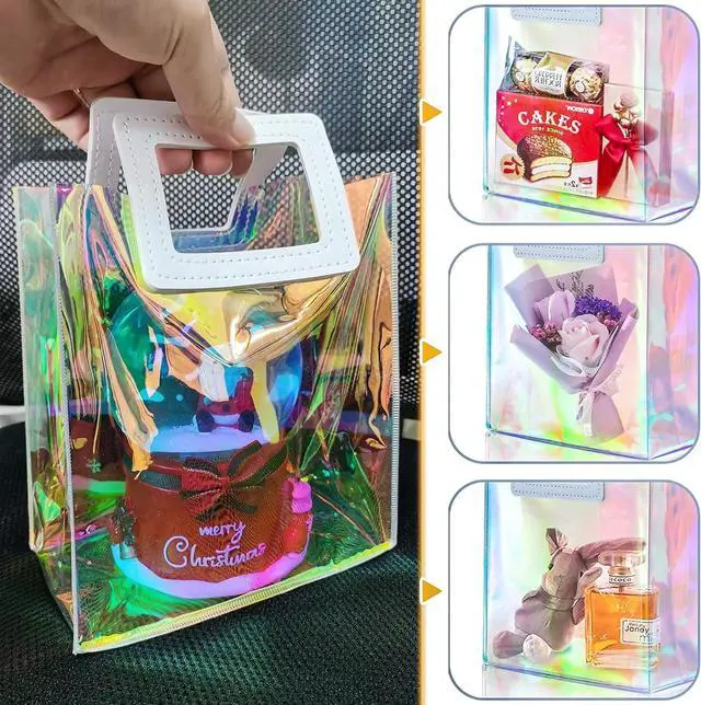 Alt view image 6 of 7 - KeerxunBag 1 Pack Holographic Gift Bags with Handles & 2 Tissue Paper Sheets Iridescent Transparent Reusable Bags for Women, Girls, Birthdays, WeddingsPink Gift Bag