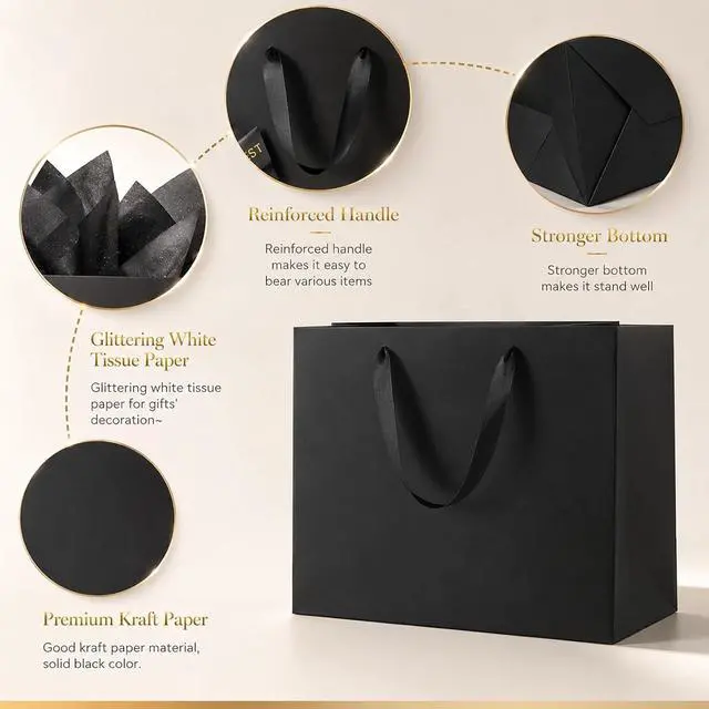 Alt view image 2 of 7 - SHIPKEY 3 PCS Extra Large Black Gift Bags with 10 Black Tissue Papers