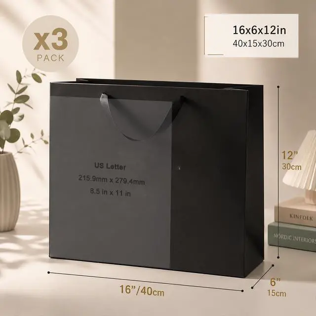 Alt view image 3 of 7 - SHIPKEY 3 PCS Extra Large Black Gift Bags with 10 Black Tissue Papers
