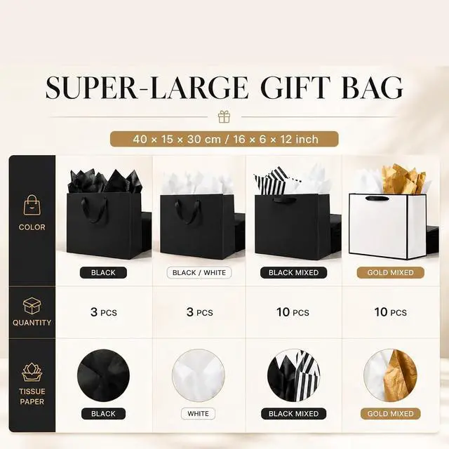 Alt view image 7 of 7 - SHIPKEY 3 PCS Extra Large Black Gift Bags with 10 Black Tissue Papers