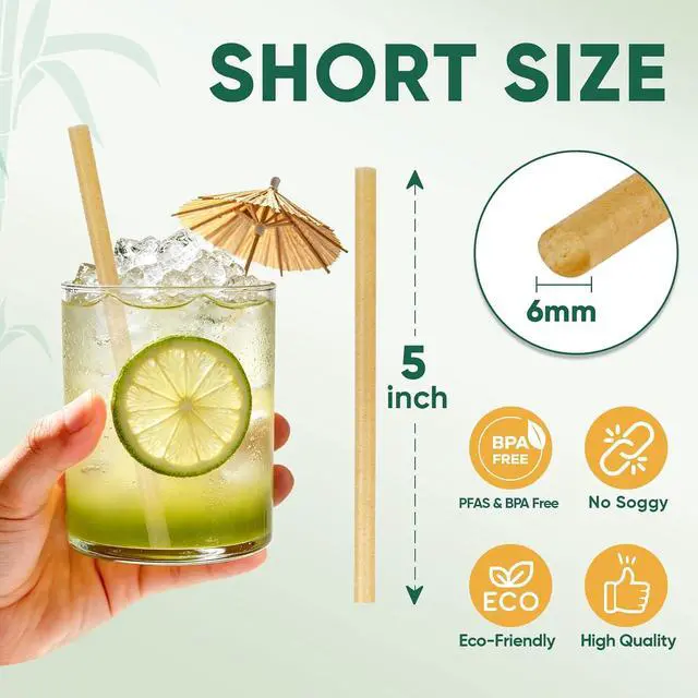 Alt view image 2 of 7 - 200 Pack Short Sugarcane Straws, 5 Inch Compostable Cocktail Straws, Stirrer Straws for Cold Drinks, Party, Bars - Sturdy Plastic-Free, Non-Soggy, Biodegradable Disposable Straws