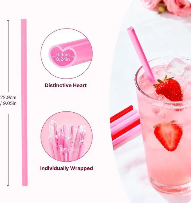 Alt view image 4 of 7 - 25pcs Heart Shaped Pink Straws 8mm-Individually Wrapped Disposable Straws