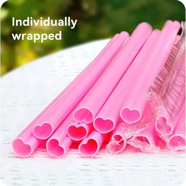 Alt view image 3 of 7 - 25pcs Heart Shaped Pink Straws 8mm-Individually Wrapped Disposable Straws