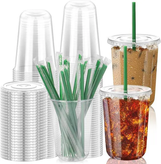 Main image of GGOLDMER 25 Set 16oz Clear Round Bottom Plastic Cups with Lids and Straws
