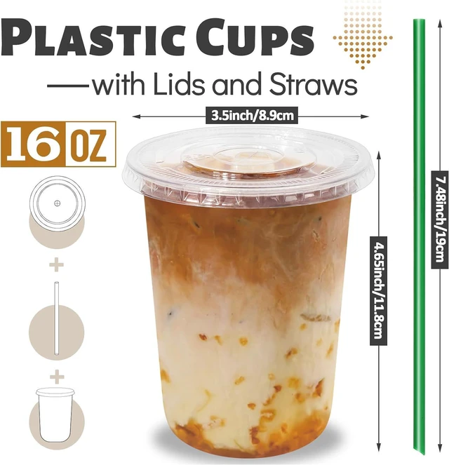 Alt view image 2 of 7 - GGOLDMER 25 Set 16oz Clear Round Bottom Plastic Cups with Lids and Straws