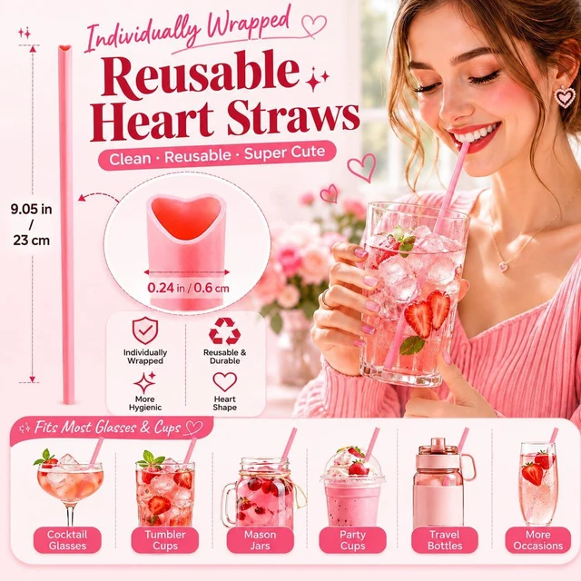 Alt view image 2 of 6 - 100 PCS Heart Shaped Straws, Individually Wrapped Pink Plastic Drinking Straws, 23 cm Disposable Cute Straws for Valentine's Day Wedding Bachelorette Birthday Party Decorations