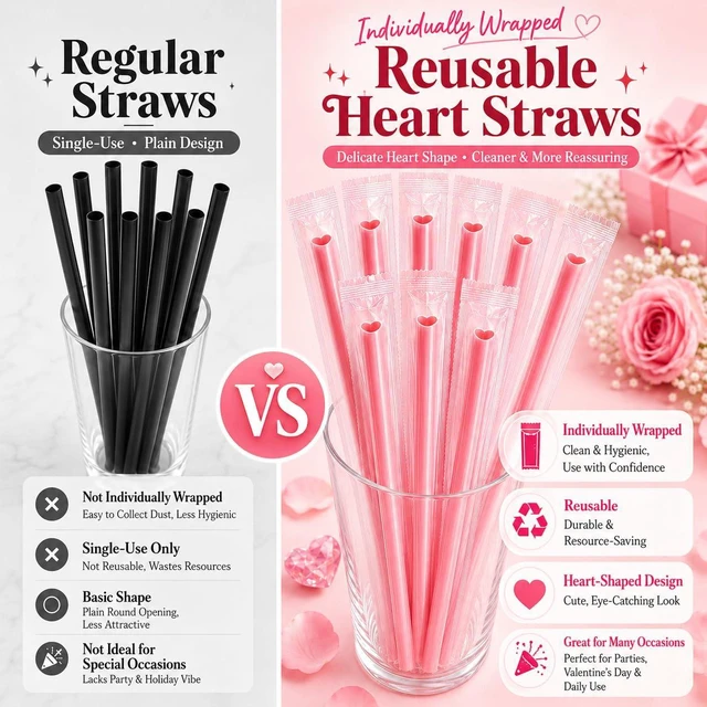 Alt view image 3 of 6 - 100 PCS Heart Shaped Straws, Individually Wrapped Pink Plastic Drinking Straws, 23 cm Disposable Cute Straws for Valentine's Day Wedding Bachelorette Birthday Party Decorations