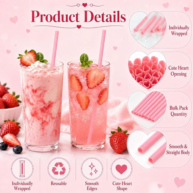 Alt view image 4 of 6 - 100 PCS Heart Shaped Straws, Individually Wrapped Pink Plastic Drinking Straws, 23 cm Disposable Cute Straws for Valentine's Day Wedding Bachelorette Birthday Party Decorations