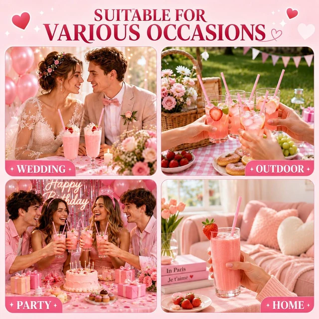 Alt view image 5 of 6 - 100 PCS Heart Shaped Straws, Individually Wrapped Pink Plastic Drinking Straws, 23 cm Disposable Cute Straws for Valentine's Day Wedding Bachelorette Birthday Party Decorations