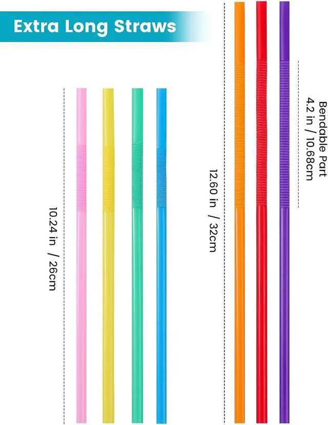 Alt view image 2 of 7 - 100 PCS Flexible Bendy Plastic Straws, 12.8" Extra Long Colorful Disposable Straws for Party Decorations, Fits 60 oz Tumblers & Large Cups