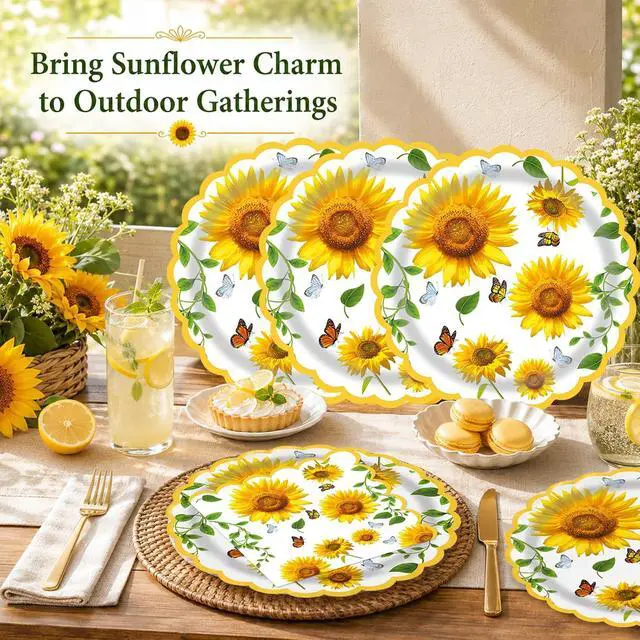 Alt view image 8 of 10 - 40 Pcs Sunflower Party 9" Dinner Paper Plates and Napkins Sets | Fall sunflower Dessert Paper Plates and 6.5"Napkins Party Supplies Tableware autumn Decoration For Birthday Picnic
