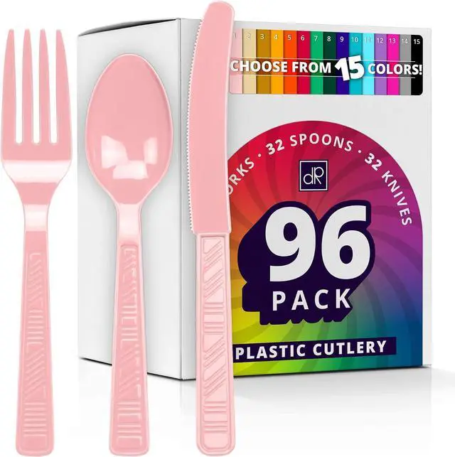 Main image of DecorRack 96 Piece Plastic Cutlery Set, Heavy Duty Silverware, Pink
