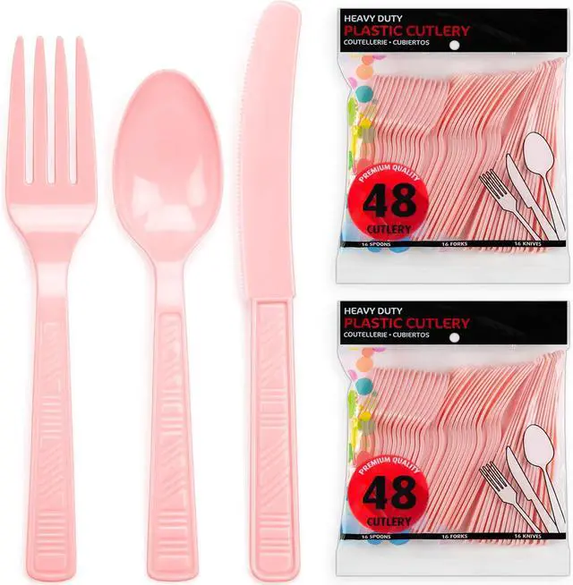 Alt view image 2 of 6 - DecorRack 96 Piece Plastic Cutlery Set, Heavy Duty Silverware, Pink