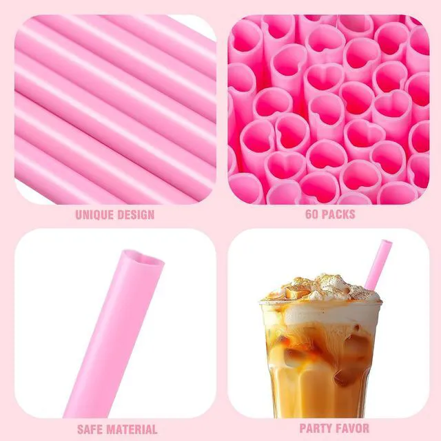 Alt view image 4 of 7 - 60 Pcs Heart Shaped Pink Straws Disposable Plastic Cute Straw Individually Wrapped Valentines Day Cocktail Birthday Party Bridal Shower Wedding Supplies hello kitty party decorations