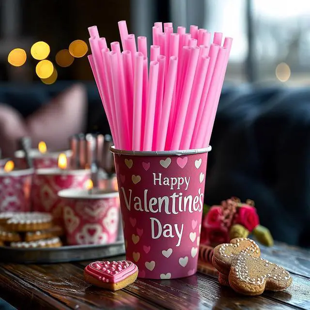 Alt view image 5 of 7 - 100 Pcs Heart Straws Disposable Plastic Straw Pink straws Individually Wrapped Valentines Day Cocktail Birthday Party Bridal Shower Wedding Supplies hello kitty party decorations
