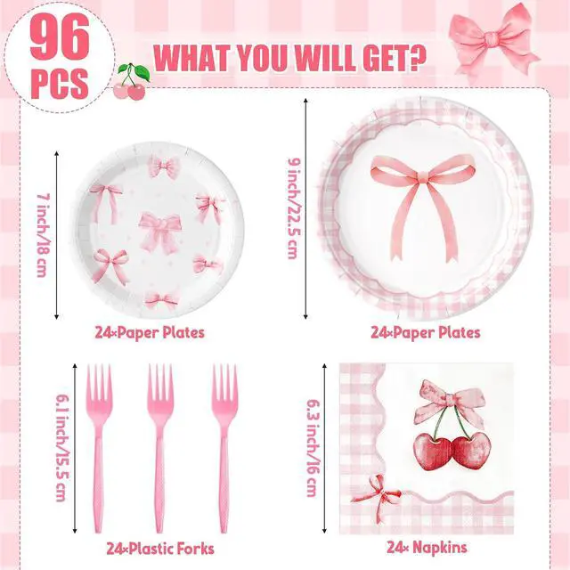 Alt view image 2 of 6 - 96Pcs Pink Bow Coquette Cute Party Plates Supplies - Party Tableware Decorations Disposable Paper Plates Napkins Forks for Birthday Bachelorette Bridal Engagement, Serves 24