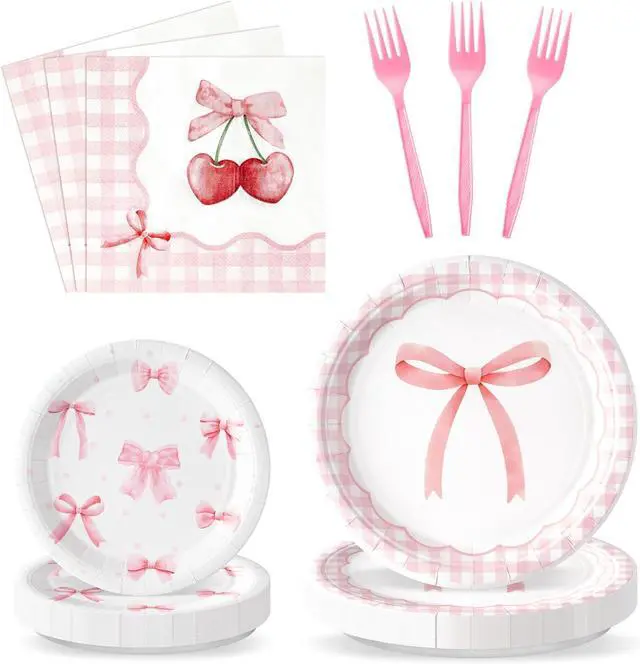 Main image of 96Pcs Pink Bow Coquette Cute Party Plates Supplies - Party Tableware Decorations Disposable Paper Plates Napkins Forks for Birthday Bachelorette Bridal Engagement, Serves 24