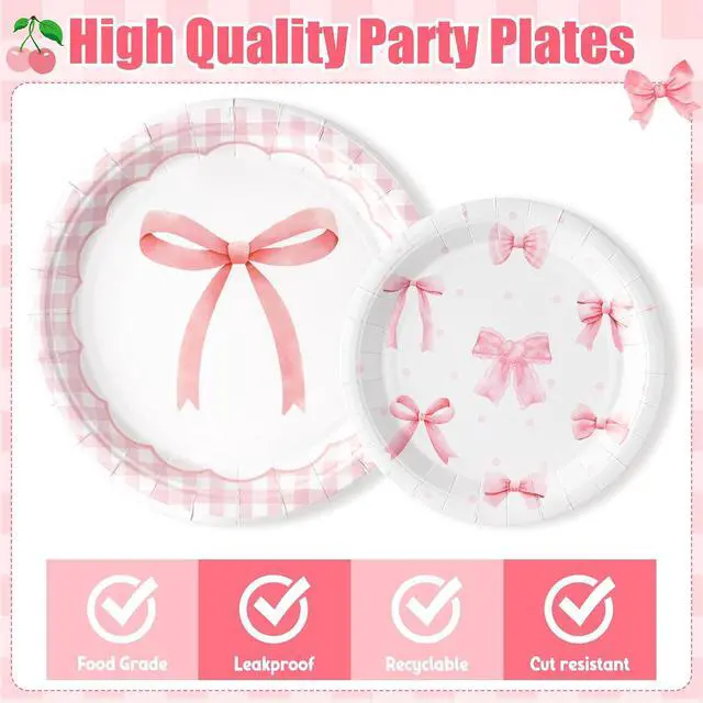 Alt view image 3 of 6 - 96Pcs Pink Bow Coquette Cute Party Plates Supplies - Party Tableware Decorations Disposable Paper Plates Napkins Forks for Birthday Bachelorette Bridal Engagement, Serves 24