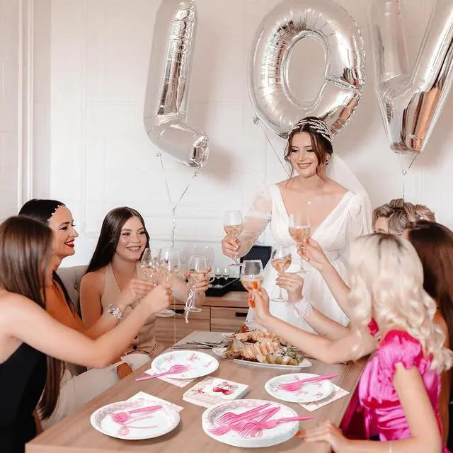 Alt view image 6 of 6 - 96Pcs Pink Bow Coquette Cute Party Plates Supplies - Party Tableware Decorations Disposable Paper Plates Napkins Forks for Birthday Bachelorette Bridal Engagement, Serves 24
