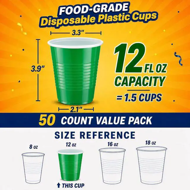 Alt view image 2 of 7 - Glotoch Green Disposable Plastic Party Cups 12 oz, 50 Count